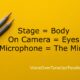 Stage = Body, On Camera = Eyes, Microphone = Mind